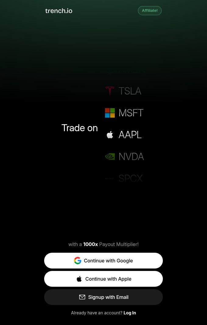 Screenshot of the public Trench.io homepage showing tickers such as TSLA, MSFT, AAPL and NVDA, the 1000x payout multiplier line and the Google, Apple and email signup buttons.